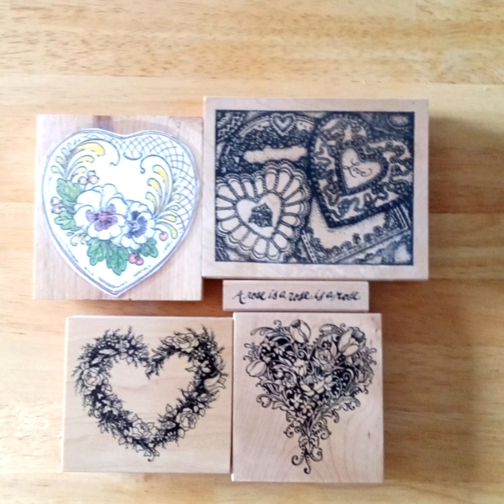 5 Hearts & Roses Wood Mount Rubber Stamps Assortment - Used